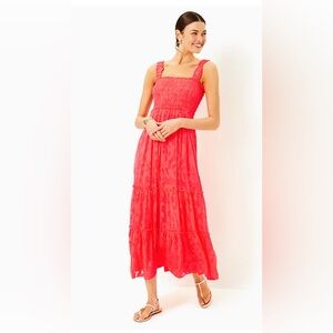 EUC Lilly Pulitzer Mizner Red Hadley Smocked Bodice Maxi Dress